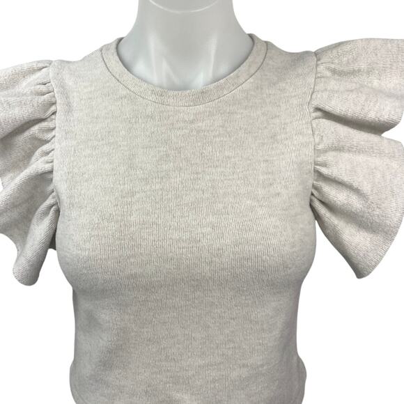 Zara Gray White Ruffle Flutter Sleeve Round Neck Stretch Knit Crop Top Blouse S - Picture 3 of 4